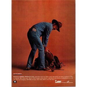 1979 Lee Blue Jeans Vintage Print Ad Urban Cowboy Leather Saddle 70s Wall Art